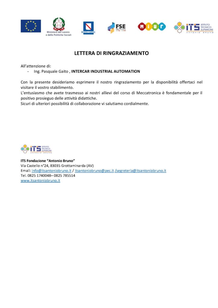 Lettera di ringraziamento dell'ITS